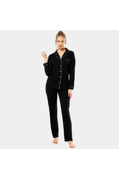 TÜREN Straight Long Sleeve Shirt Collar Pajama Suit 3365/Black