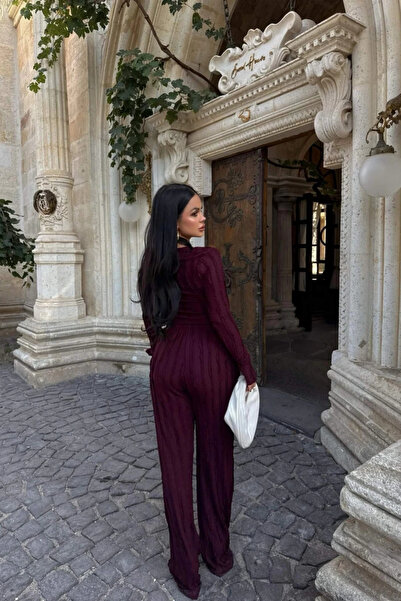 Siner Fashion Kadın Mürdüm Parmak Geçmeli Bluz Bol Paça Pantolon Ters Dikiş Detaylı Takım