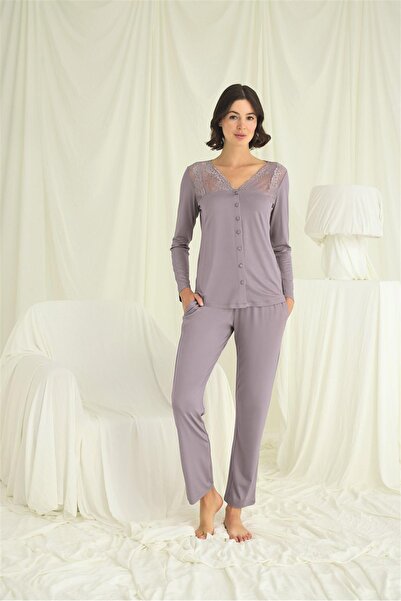 MONAMİSE Women'S, Buttoned All Over, with Lace on the Neck, Sleeves and Shoulders, Grey Pajama Set