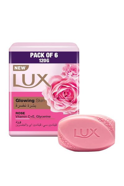 LUX Glowing Skin Soap Bar, Rose, with Vitamin C, E and Glycerine, 120g x 6