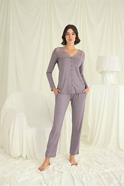 MONAMİSE Women'S, Buttoned All Over, with Lace on the Neck, Sleeves and Shoulders, Grey Pajama Set