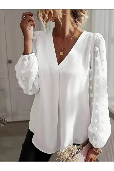 Bijuterria Women's Long Sleeve V-Neck Sandy Blouse with Popon Detail on the Sleeves