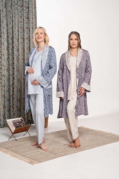 Lohussa طقم بيجامة نسائي شتوي بتصميم خاص من قماش الجاكار الأزرق الساتان مع يا...