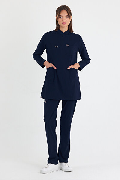 MAZEY UNİFORM زي طبي من الليكرا والفسكوز باللون الأزرق الداكن مع ياقة حاكيم، ...