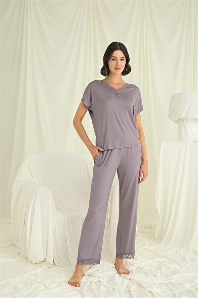 MONAMİSE Women, Short Sleeve V-Neck Lace, Gray Pajama Set