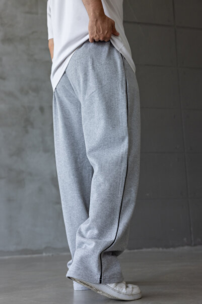 DARK MODA Men's Gray Striped Printed Oversize Baggy Sweatpants