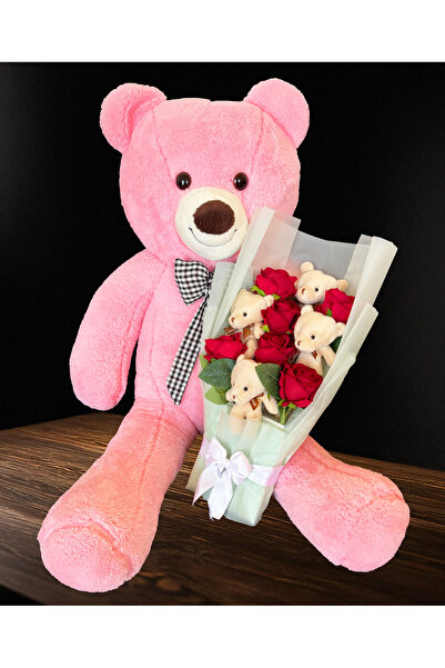 Linalux Gifts Sevgiliye Hediye - 90cm Pembe Ayıcık ve Kırmızı Güllü Ayıcıklı ...