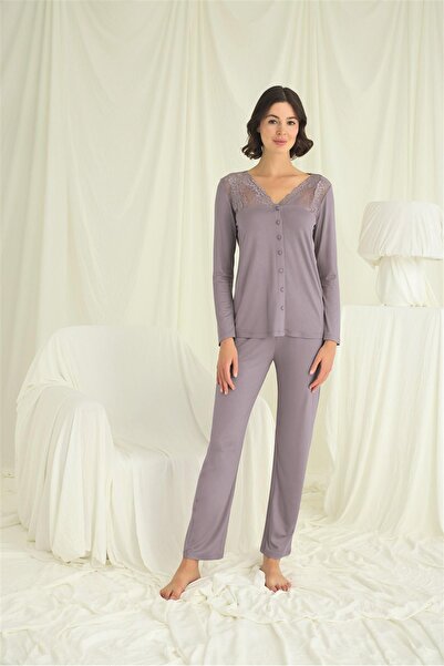 MONAMİSE Women'S, Buttoned All Over, with Lace on the Neck, Sleeves and Shoulders, Grey Pajama Set