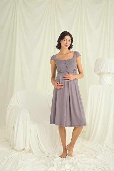 MONAMİSE Women's Lace Front Buttoned Maternity Pajama Set, Gray