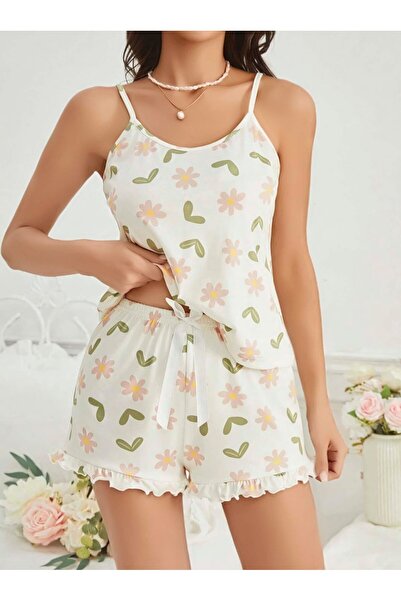 levvas Women's Ecru Floral Printed Shorts Nightgown Pajama Set 5047