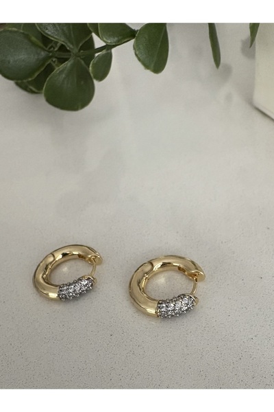 Vip Altın Kaplama Halka Taşlı Çift Renk Küpe Kararmaz 14K Rengindedir 2cm