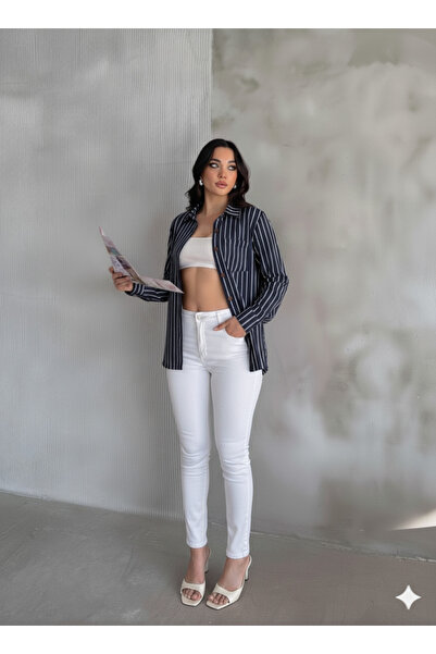 VERNO BUTİK Lacivert Çizgili Cepli Gomlek