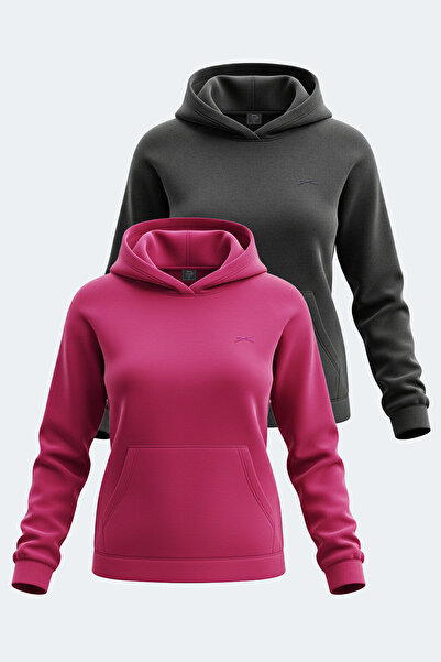 Slazenger Sassa Set of 2 Women's Hooded Pocket Black - Fuchsia Sweatshirt