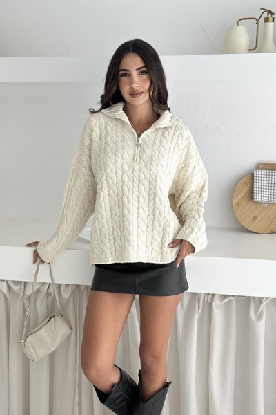 Noi Belis Oversize Hair Braided Half Zipper Knitwear Sweater Aw25Kz0052