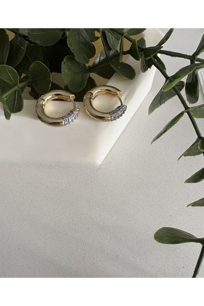 Vip Altın Kaplama Halka Taşlı Çift Renk Küpe Kararmaz 14K Rengindedir 2cm