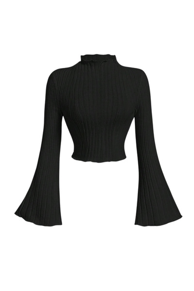 Wild Flower Μαύρη πλεκτή μπλούζα με μακρύ μανίκι, μανίκια με βολάν, κομμένο μπλουζάκι με ψηλό γιακά