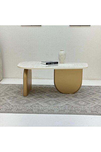 Zahra Alfkhama Coffee Table with Travertine Marble Finish and Wooden Base