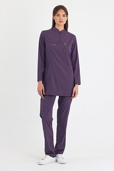 MAZEY UNİFORM Mor Likralı Viscon Hakim Yakalı Tesettür, Hemşire ve Doktor Scr...