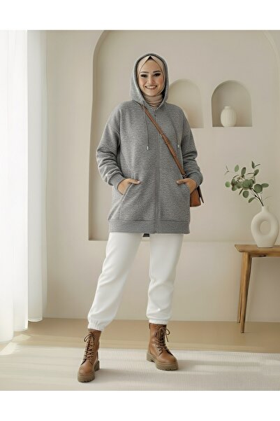 Modamorfo Kapşonlu Cepli Fermuarlı Penye Polar -Gri