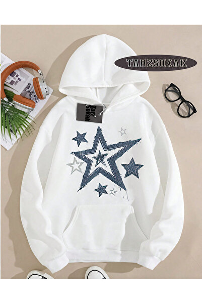 Tarzsokak Hanorac cu glugă alb cu model stea, design special