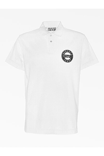 Versace Men's Regular Fit Cotton Logo Embroidered Short Sleeve White Polo Neck T-Shirt 79Gagt06Cj01T-003