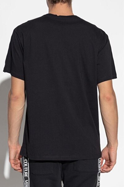 Versace Men's Regular Fit Round Neck Shoulder Logo Stripe Tape Short Sleeve Black T-Shirt 79Gahc02Cj01C-899