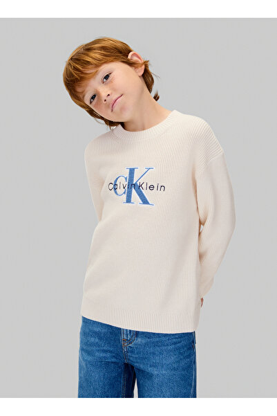 Calvin Klein Bisiklet Yaka Regular Fit Nakışlı Ekru Erkek Çocuk Kazak IB0IB02598PGB