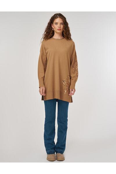 Kayra Payet Detaylı Triko Tunik Bej