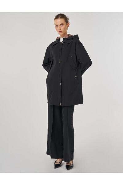 KYR Kapüşonlu Kısa Trençkot Siyah