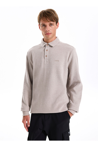 Jeep Polo Yaka Düz Koyu Bej Erkek Sweatshırt J5WM-SWT7223