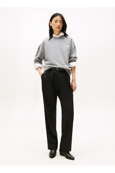 Tommy Hilfiger Yuvarlak Yaka Düz Gri Kadın Sweatshırt WW0WW46125P61