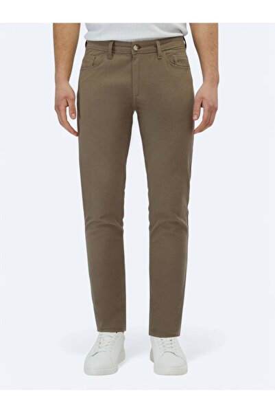 Kip Hazelnut Plain Weave Slim Fit Casual Cotton Blend Trousers