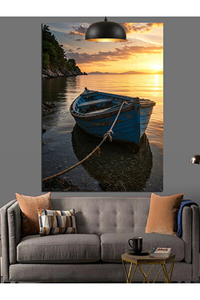 karizmart Gün Batımında Küçük Kayık Dekoratif Kanvas - Mdf Ahşap Tablo