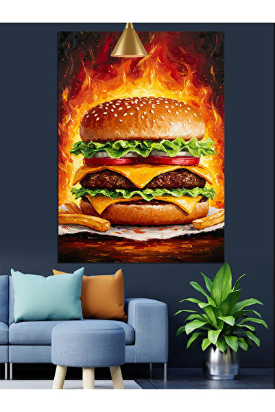 Artmeg Pânză decorativă cu flacără și hamburger mare - Masă din lemn MDF