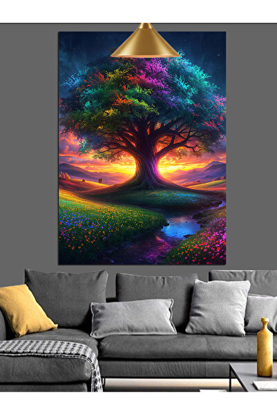 Tablo Mega Renkli Işıklı Ağaç Dekoratif Kanvas - Mdf Ahşap Tablo