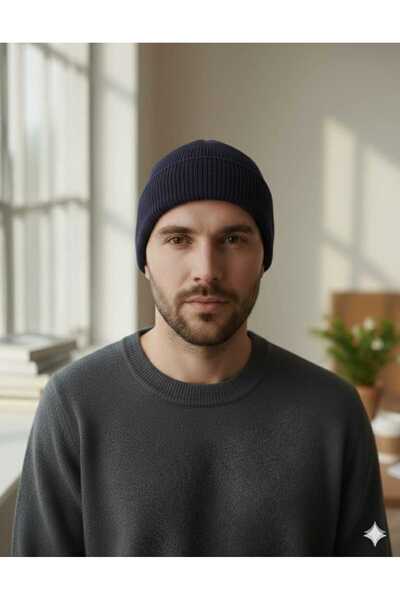 OMASMAN Unisex Basic Lacivert Bere Katlamalı Standart Kalıp Atkı Şapka