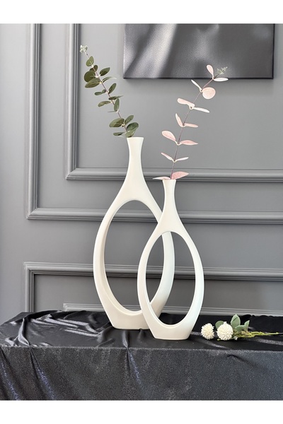 Smyrna Dekorasyon Hitit Dekoratif Seramik 2'li Vazo Seti Çiçek Hediyeli - Ekru 50 cm