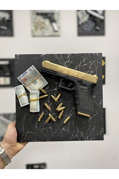 OKO DESİGN 3D Dekoratif Tablo – Altın Detaylı Glock-19 ve Para Banknotu