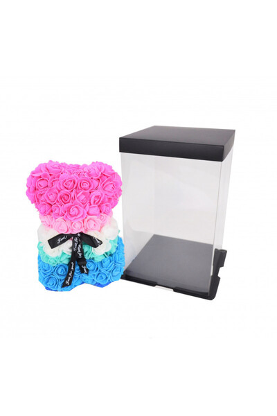 velve Ursulet Floral Teddy Bear Rainbow cu trandafiri din spuma, 25 cm, in cutie cadou, Roz, albastru-roz
