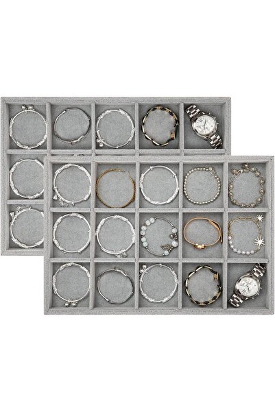 Hope صواني تنظيم/تخزين/عرض مجوهرات قابلة للتكديس، 15 شبكة، مخمل رمادي (عبوة م...