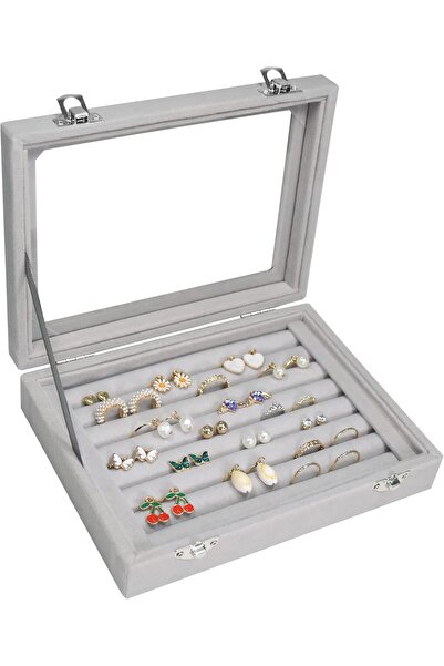 Hope Vicoter Rings Organizer Tray 7 Slots Velvet Jewelry Earring Storage Box with Transparent lid