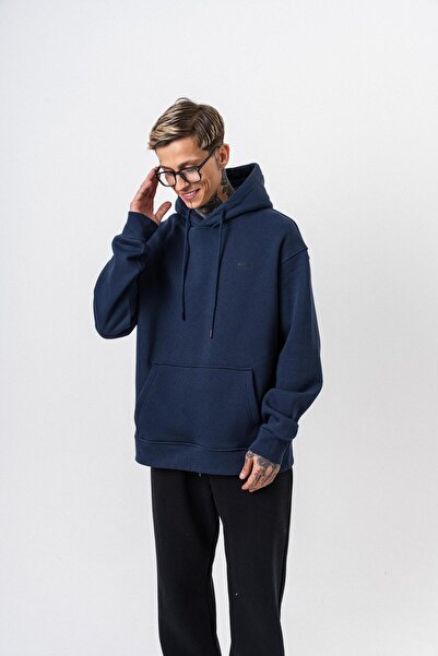 Respire Ανδρικό μπλουζάκι με κουκούλα με λεπτομέρεια κειμένου Basic Oversize Hoodie Navy Blue