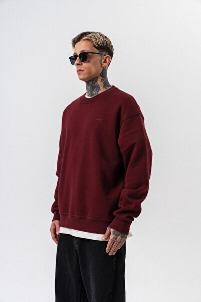 Respire Men's Basic Oversize Sweatshirt with Text Detail, Burgundy
