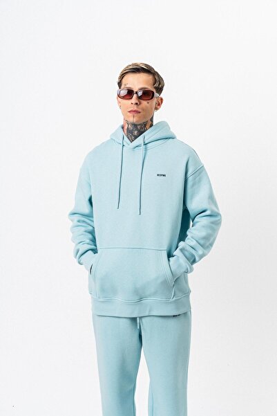 Respire Ανδρικό μπλουζάκι με κουκούλα με λεπτομέρεια κειμένου Basic Oversize Hoodie Baby Blue