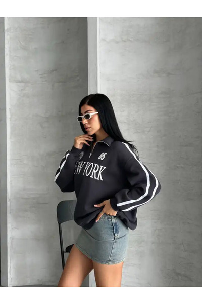 cemo Half Zippered Newyork Written Sweat