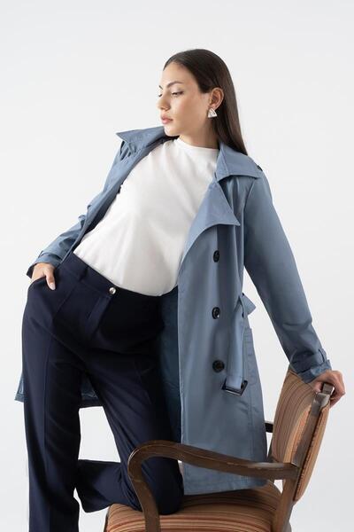 Spazio Pallaske Kruvaze Yaka Kuşaklı Cepli Trençkot İNDİGO