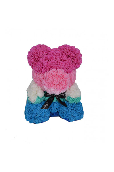 velve Ursulet Floral Teddy Bear pink rainbow din Trandafiri de spuma, 40 cm, in cutie cadou, albastru-roz