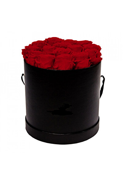 velve Aranjament floral cu 15 trandafiri de sapun, in cutie neagra rotunda, Rosu