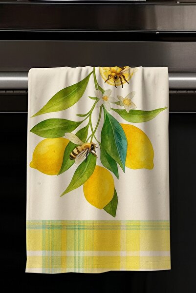 Else Halı Sarı Limon Desenli Dekoratif Yıkanabilir Pamuklu Mutfak Fırın El Ha...