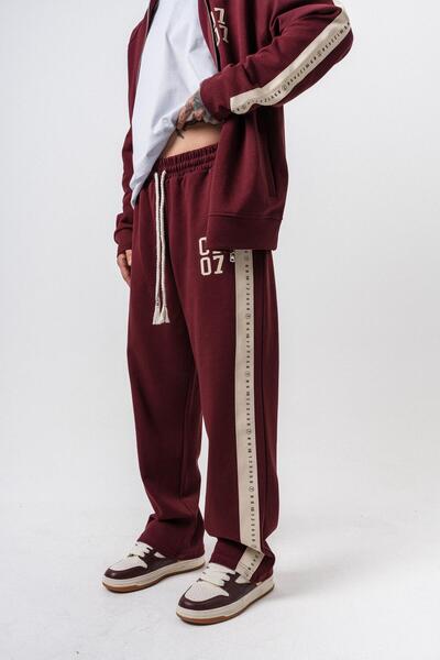 Respire Men's 7 Striped Detail Doubleface Baggy Sweatpants Claret Red